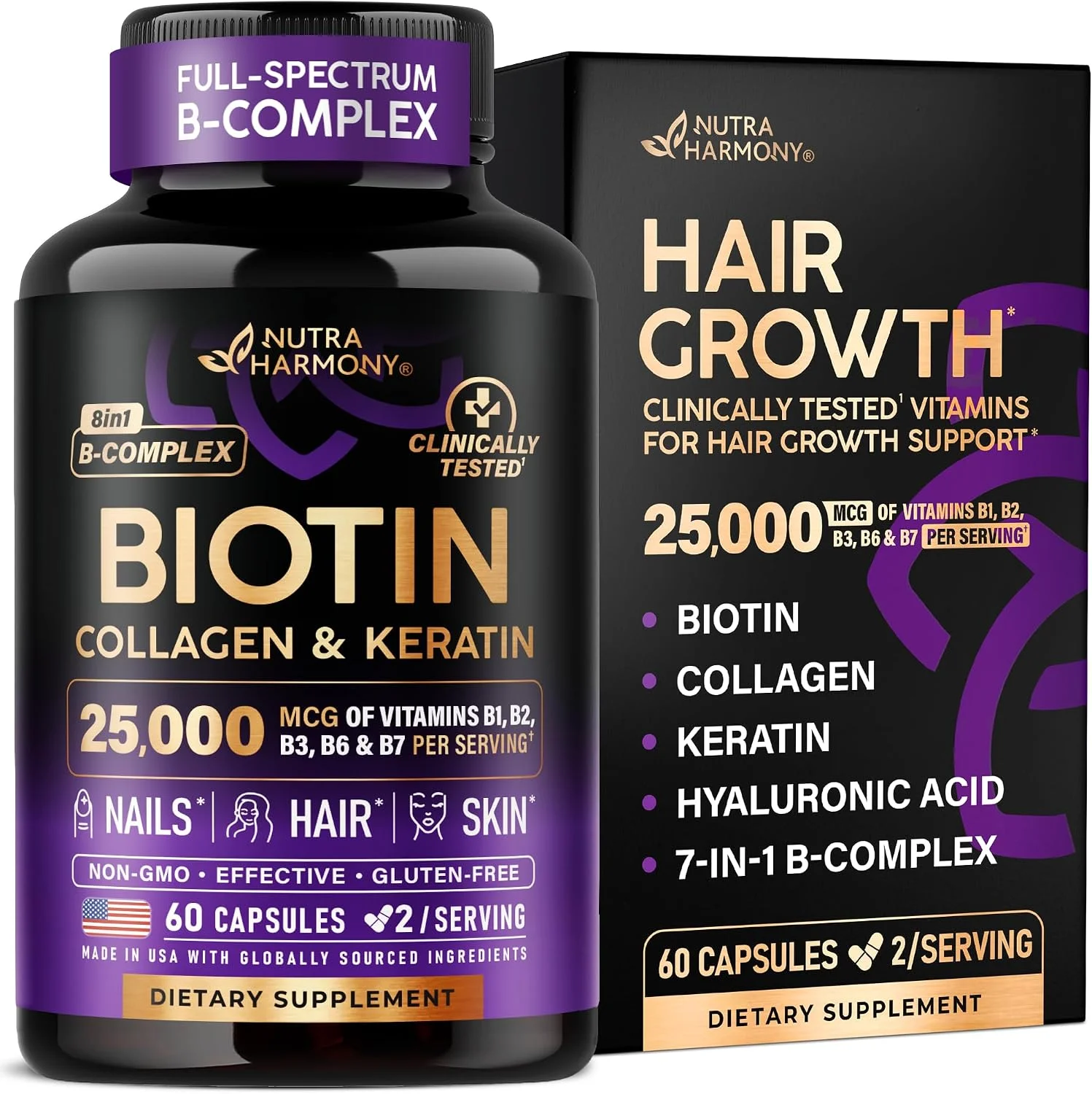 Biotina, Colágeno y Queratina + Complejo B · 60 cápsulas