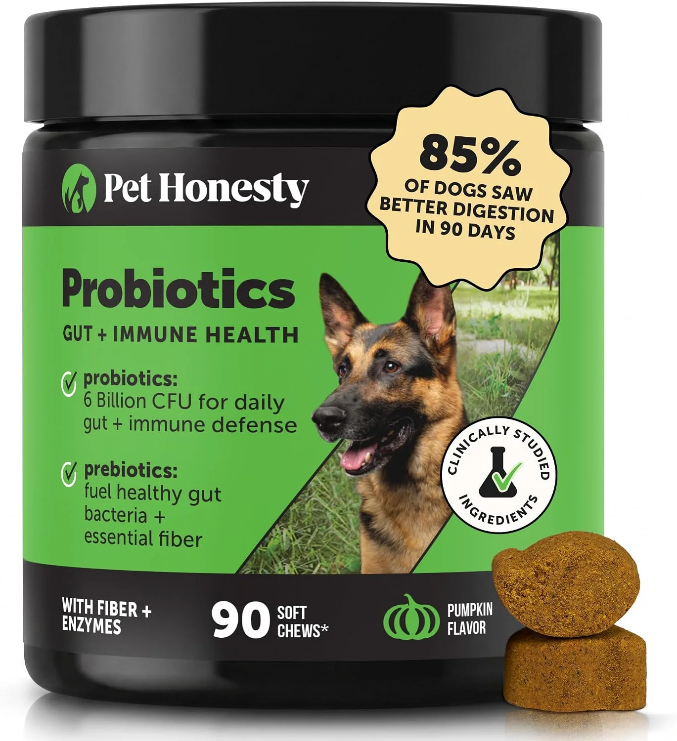 Pet Honesty Probióticos digestivos sabor calabaza · 90 masticables blandos