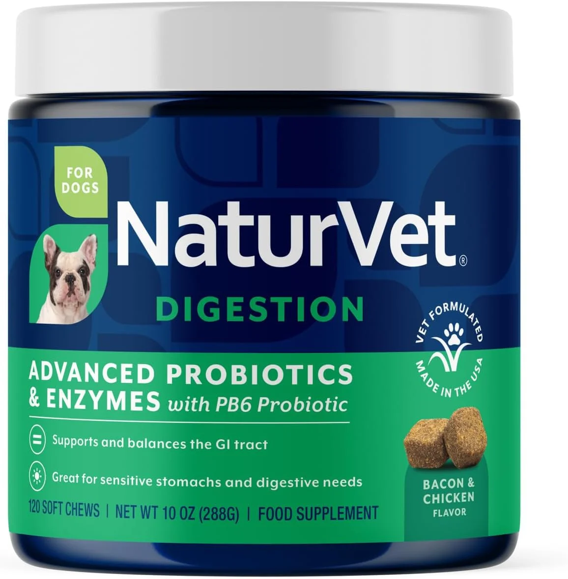NaturVet Advanced Probiotics & Enzymes sabor panceta ahumada · 120 masticables blandos