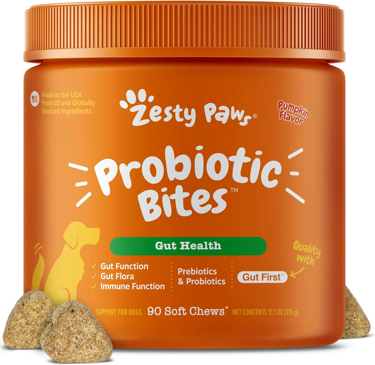 Zesty Paws Probiotic Bites sabor calabaza · 90 masticables blandos