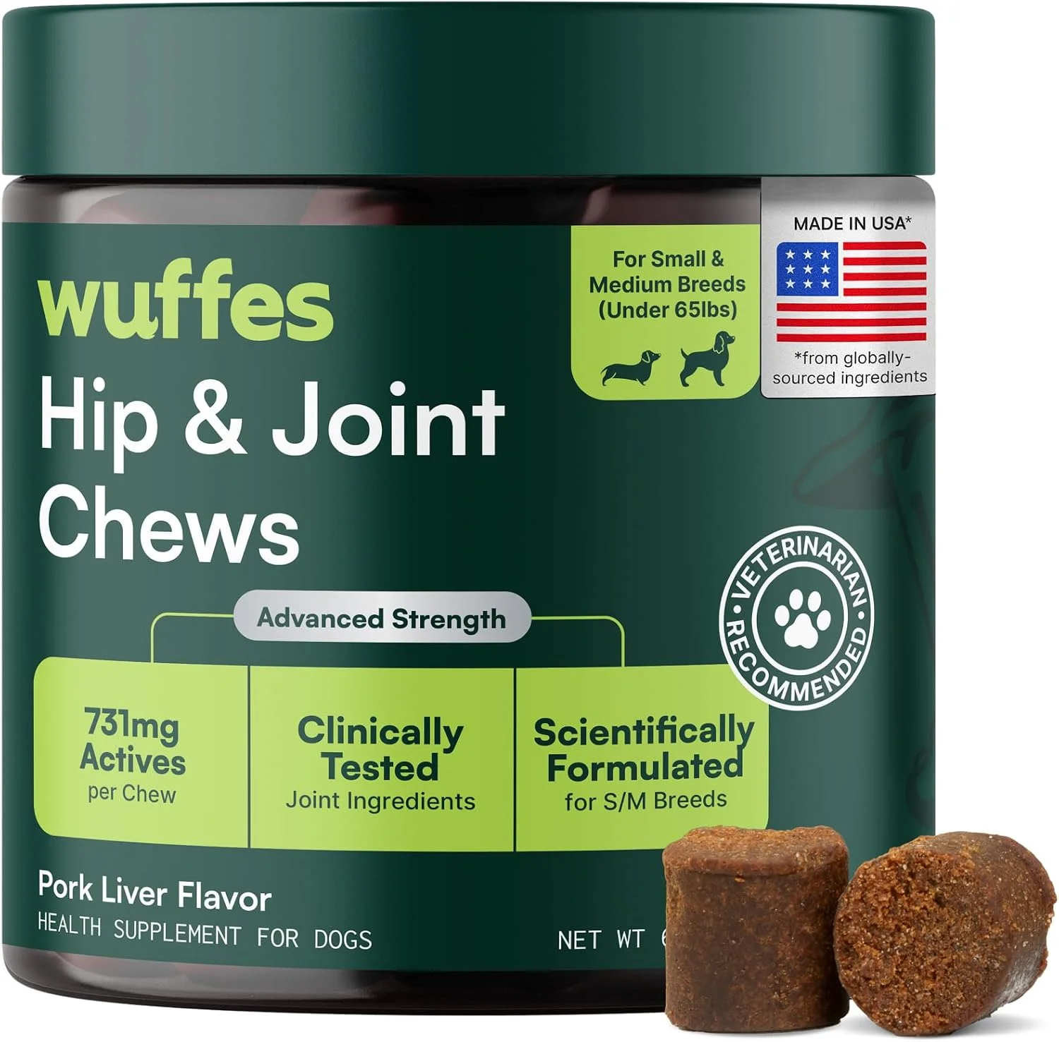 Wuffes Advanced Hip & Joint para perros chicos y medianos sabor cerdo · 60 masticables