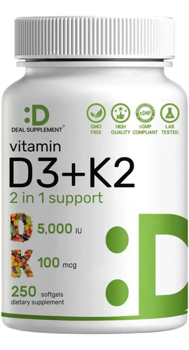 D3 K2 Vitamina D3 5000 Ui K2 Mk7 100mcg 250 Cápsulas Vainilla