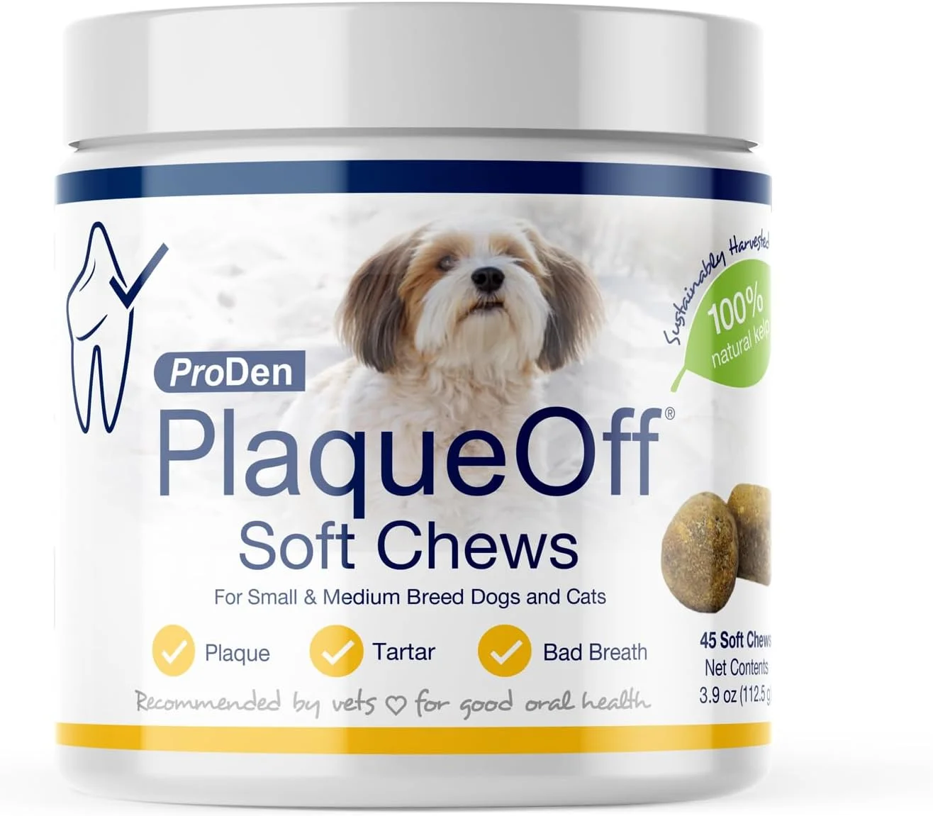 ProDen PlaqueOff masticables blandos con alga orgánica para gatos y perros chicos · frasco