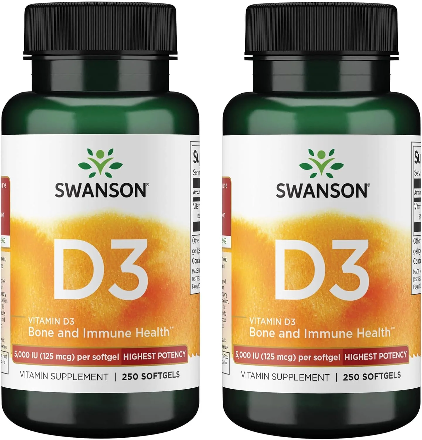 Swanson Vitamin D3 5000 IU (125 mcg) — 250 cápsulas blandas