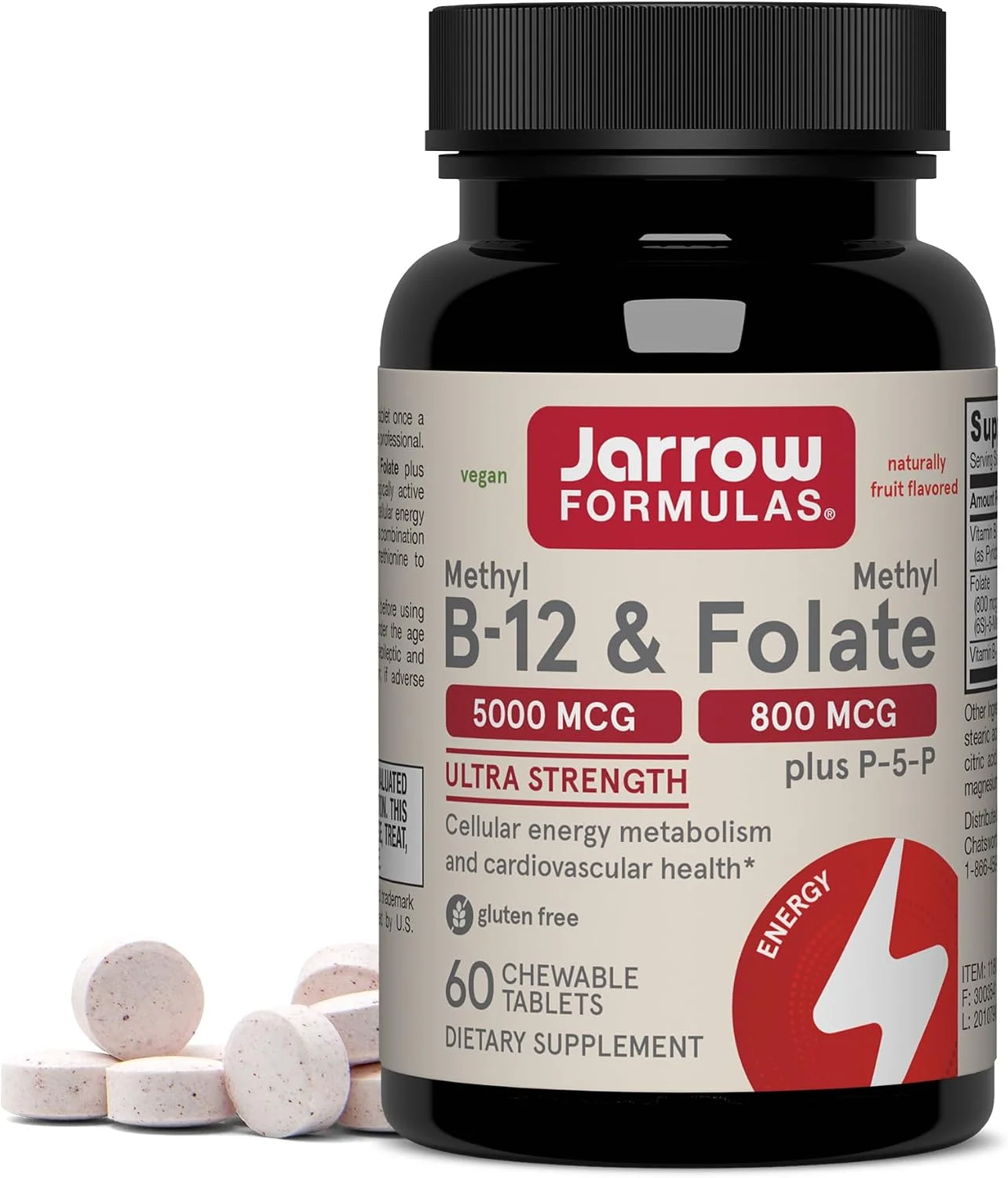 Jarrow Formulas Methyl B-12 5000 mcg y Methyl Folate 800 mcg – 60 tabletas masticables